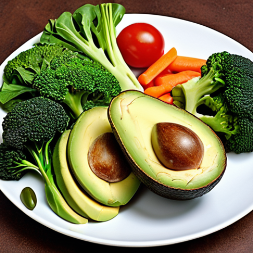 Home 11 A vibrant and colorful plate featuring lean proteins, healthy fats like avocado and olive oil, and low-starch vegetables such as leafy greens and broccoli, emphasizing the importance of nutrient-rich foods in a low-carb diet.