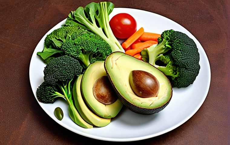A vibrant and colorful plate featuring lean proteins, healthy fats like avocado and olive oil, and low-starch vegetables such as leafy greens and broccoli, emphasizing the importance of nutrient-rich foods in a low-carb diet.