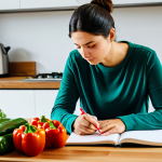 A person with a thoughtful expression in a bright, modern kitchen, wearing a modest, comfortable long-sleeved shirt. They are holding a pen and looking at a clean, open food diary on a wooden counter, surrounded by fresh, vibrant low-carb ingredients like leafy greens, colorful bell peppers, and a ripe avocado. The scene conveys a sense of calm wellness and mindful eating. Professional photography, soft natural lighting, high resolution, sharp focus, fully clothed, modest clothing, appropriate attire, professional dress, safe for work, appropriate content, perfect anatomy, correct proportions, natural pose, well-formed hands, proper finger count, natural body proportions.