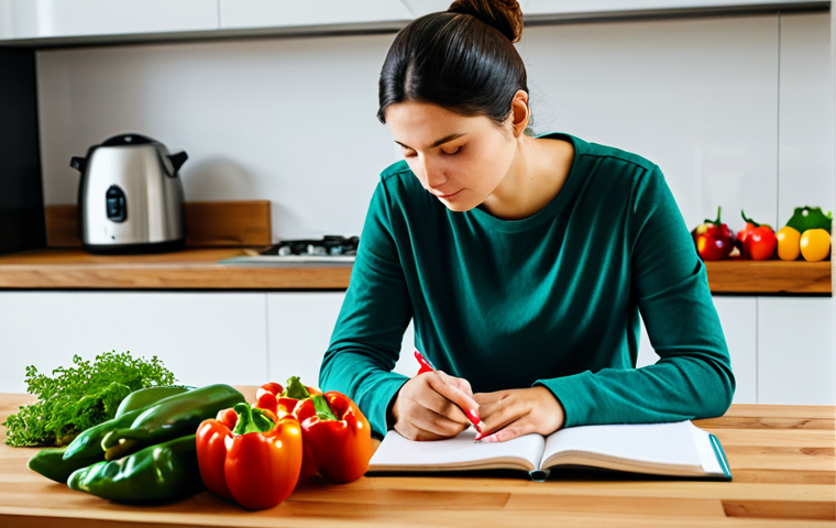 A person with a thoughtful expression in a bright, modern kitchen, wearing a modest, comfortable long-sleeved shirt. They are holding a pen and looking at a clean, open food diary on a wooden counter, surrounded by fresh, vibrant low-carb ingredients like leafy greens, colorful bell peppers, and a ripe avocado. The scene conveys a sense of calm wellness and mindful eating. Professional photography, soft natural lighting, high resolution, sharp focus, fully clothed, modest clothing, appropriate attire, professional dress, safe for work, appropriate content, perfect anatomy, correct proportions, natural pose, well-formed hands, proper finger count, natural body proportions.