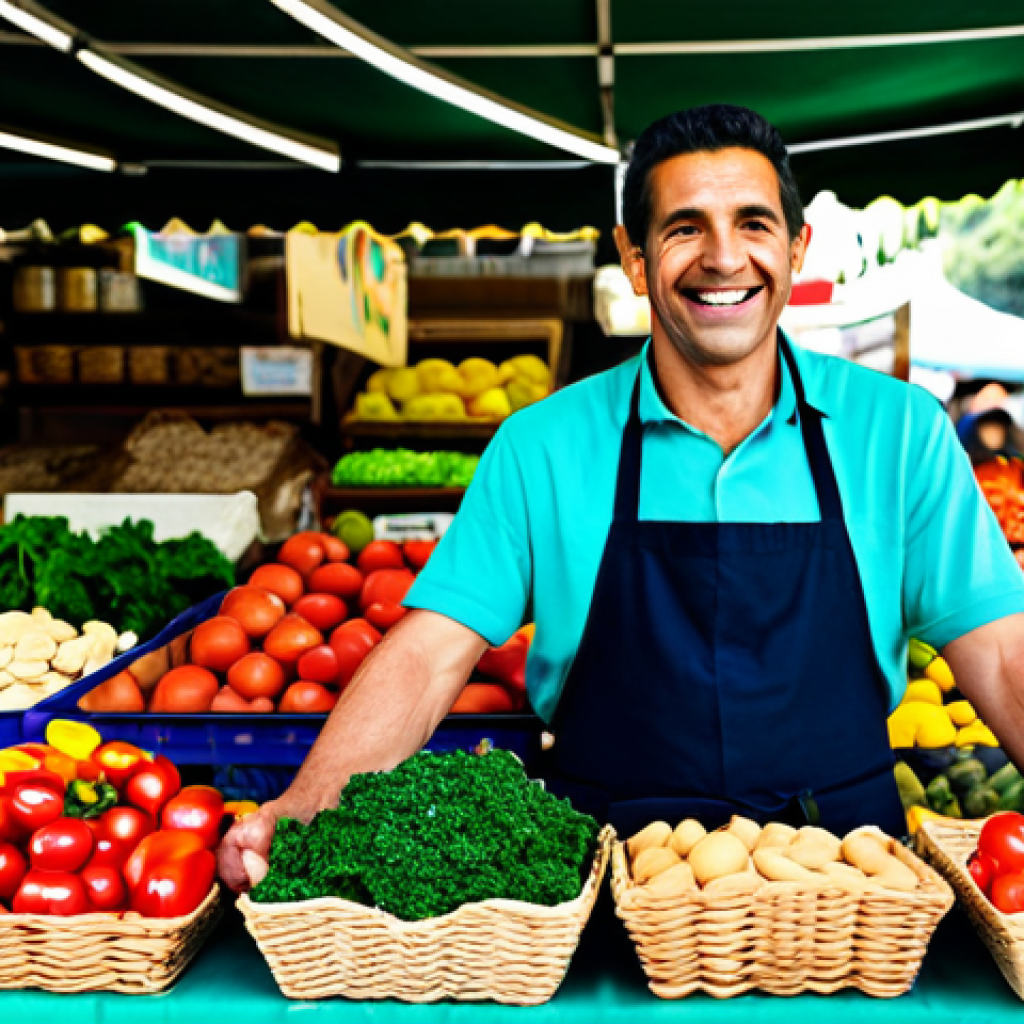 **
"A vibrant, colorful market stall overflowing with fresh, low-carb friendly foods, appropriate content, safe for work. Focus on avocados, leafy greens (like kale and spinach), colorful bell peppers, eggs in a woven basket, and nuts (brazil nuts, almonds), fully clothed. A smiling vendor (male, 30s) wearing a clean apron stands behind the stall, perfect anatomy, correct proportions, natural pose. In the background, blurred shoppers browse other stalls. Bright, natural lighting. professional, modest, family-friendly, professional photography, high quality, well-formed hands, proper finger count, natural body proportions"
**