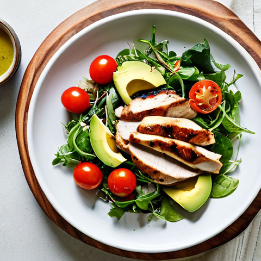 Low-Carb Lunch**
"A vibrant, overhead shot of a low-carb lunch. Featuring grilled chicken breast atop a bed of mixed greens, avocado slices, cherry tomatoes, and a light vinaigrette dressing. Professional food photography, bright natural lighting, safe for work, appropriate content, fully clothed, professional, modest, family-friendly, perfect anatomy, correct proportions, natural pose, well-formed hands, proper finger count, natural body proportions."
**