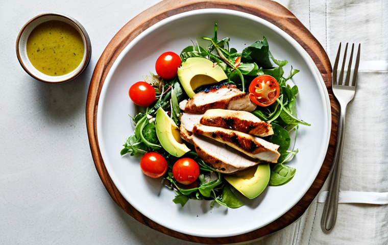 Low-Carb Lunch**
"A vibrant, overhead shot of a low-carb lunch. Featuring grilled chicken breast atop a bed of mixed greens, avocado slices, cherry tomatoes, and a light vinaigrette dressing. Professional food photography, bright natural lighting, safe for work, appropriate content, fully clothed, professional, modest, family-friendly, perfect anatomy, correct proportions, natural pose, well-formed hands, proper finger count, natural body proportions."
**