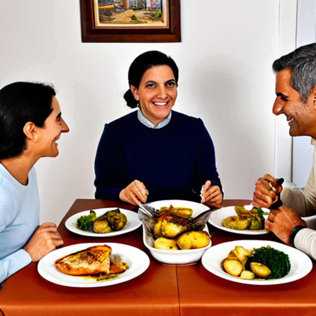 저탄수화물 다이어트에 도움이 되는 앱 - Modern Portuguese Family Dinner**
"A happy Portuguese family (mother, father, and two children) gat...