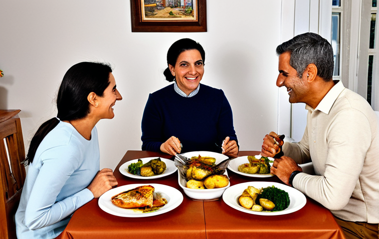 저탄수화물 다이어트에 도움이 되는 앱 - Modern Portuguese Family Dinner**
"A happy Portuguese family (mother, father, and two children) gat...