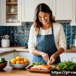 Home 18 저탄수화물 다이어트의 기본 원칙 - A vibrant, detailed kitchen scene showing a Portuguese-speaking woman preparing a healthy low-carb m...