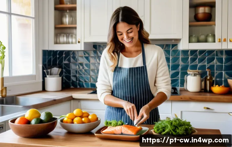 저탄수화물 다이어트의 기본 원칙 - A vibrant, detailed kitchen scene showing a Portuguese-speaking woman preparing a healthy low-carb m...