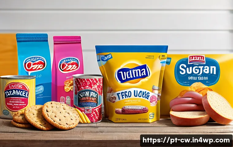저탄수화물 다이어트 중 피해야 할 음식 - A detailed still life composition of various industrial processed foods that sabotage a low carb die...