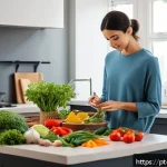 Home 16 저탄수화물 다이어트와 심리적 저항 - A calm, cozy kitchen scene showcasing a person preparing a balanced low carb meal with fresh vegetab...