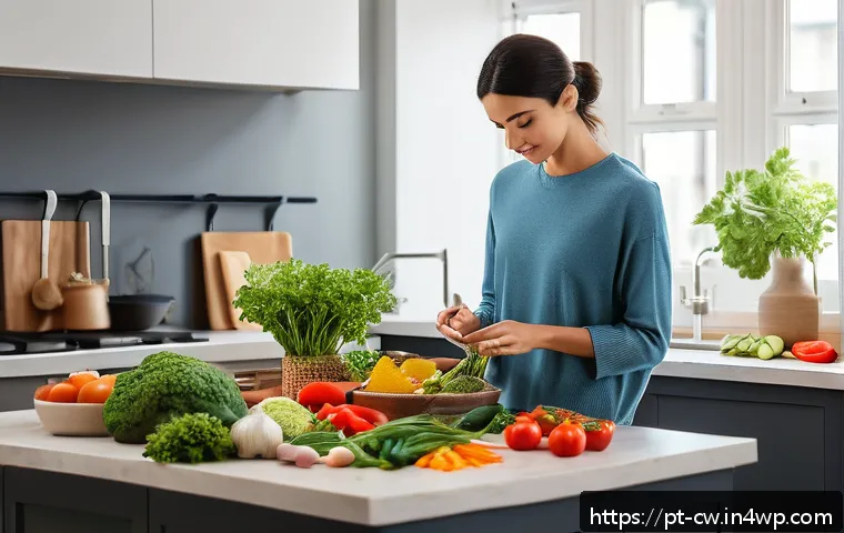 저탄수화물 다이어트와 심리적 저항 - A calm, cozy kitchen scene showcasing a person preparing a balanced low carb meal with fresh vegetab...