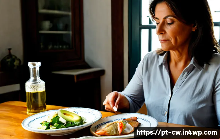 Home 17 저탄수화물 다이어트의 실수와 교훈 - Photorealistic kitchen scene in Portugal, a middle-aged woman thoughtfully comparing a small low-car...