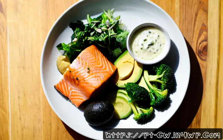 Home 17 저탄수화물 다이어트와 장내 미생물 - Photorealistic overhead view of a Brazilian-inspired low-carbohydrate meal on a clean wooden table: ...