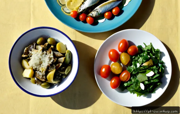 저탄수화물 다이어트의 명확한 정의 - Photorealistic overhead comparison of two simple Portuguese-inspired meal plates on a sunlit kitchen...